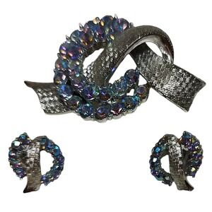 Vintage Coro Pegasus Brooch and Earrings Set‎ AB Crystals 50s Ribbon Blue